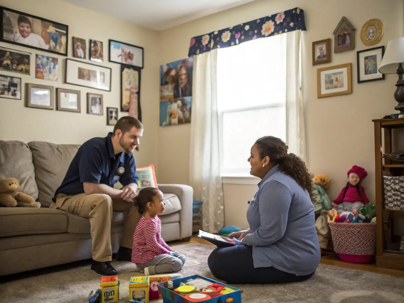 A caring social worker providing emotional support and counseling to a senior and their family in a comfortable home setting, addressing their social and emotional needs.