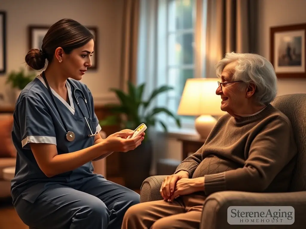 A compassionate registered nurse assisting a senior patient with medication management in a cozy home setting, ensuring their well-being and adherence to their prescribed regimen.