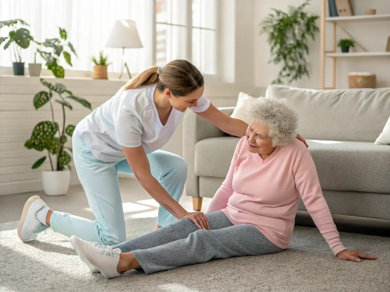 A skilled physiotherapist guiding a senior through exercises to improve mobility and strength in a home environment, focusing on rehabilitation and enhanced physical function.
